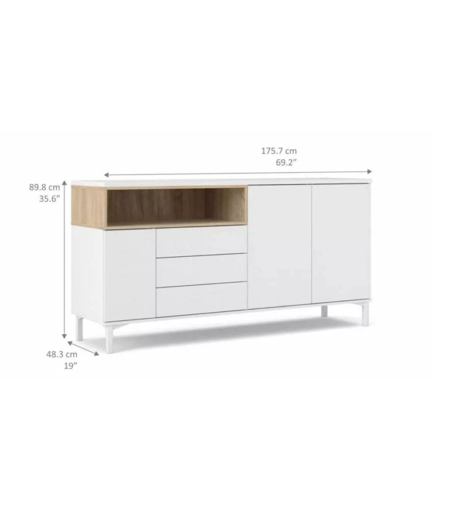 Mobile buffet bianco 3 ante e 3 cassetti, 176x90x48 cm